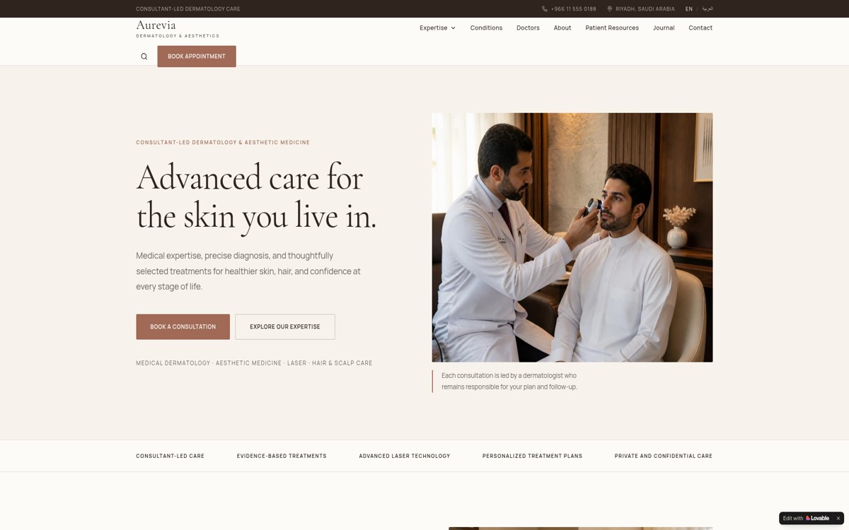 Homepage of the Aurevia Dermatology Clinic demonstration website