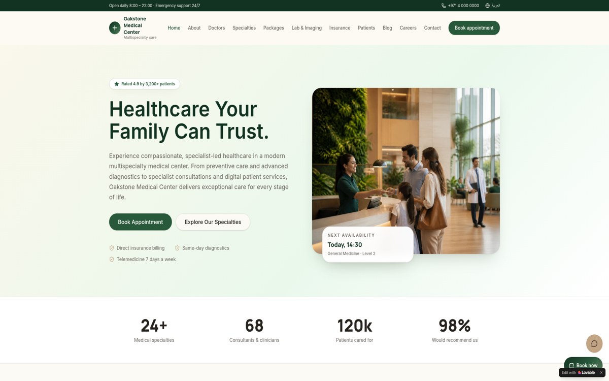 Homepage of the Oakstone Medical Center demonstration website