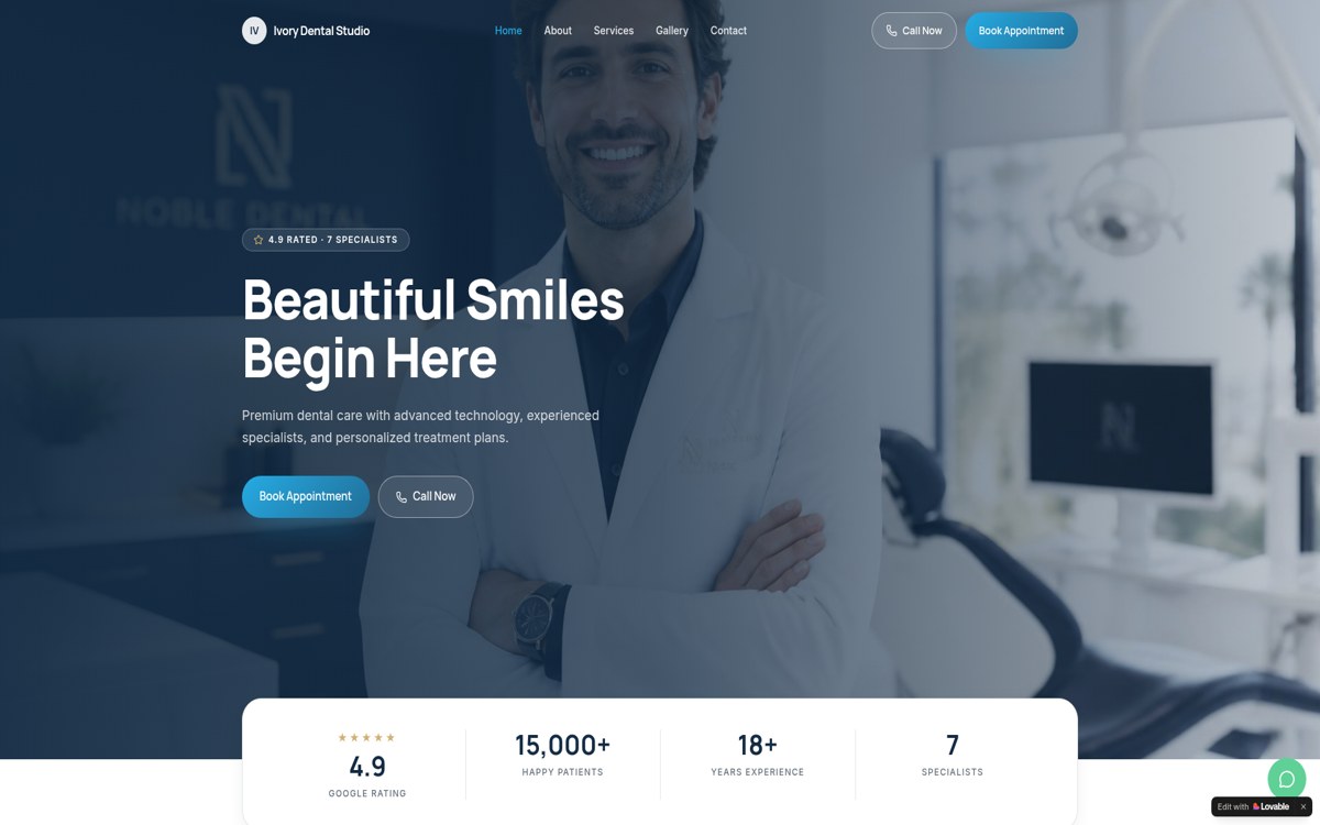 Homepage of the Ivory Dental Studio demonstration website
